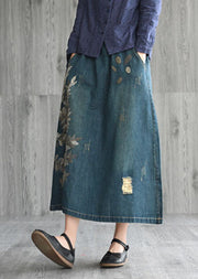 Unique Navy Patchwork Embroideried Denim Skirt Spring