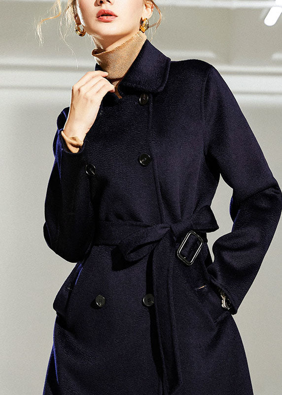 Unique Navy Peter Pan Collar Pockets Double Breast Woolen Cinch Coats Winter