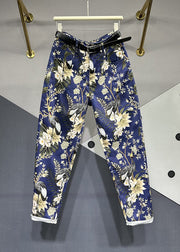 Unique Navy Print Pockets Patchwork Denim Pants Fall