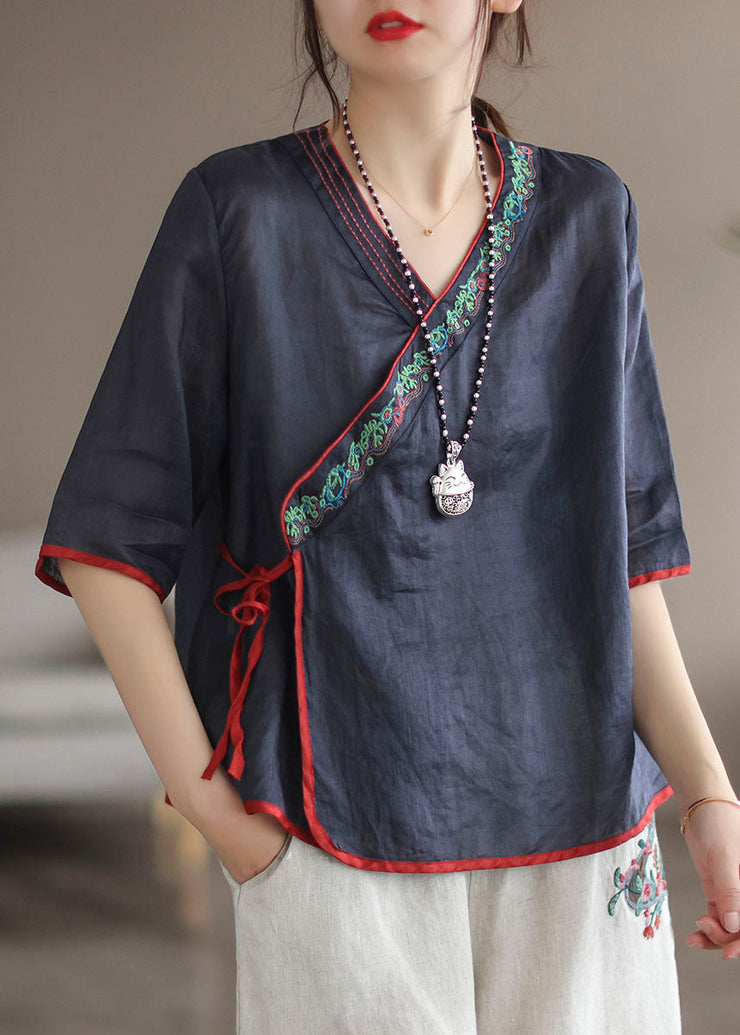 Unique Navy V Neck Embroideried Patchwork Linen Shirt Tops Summer