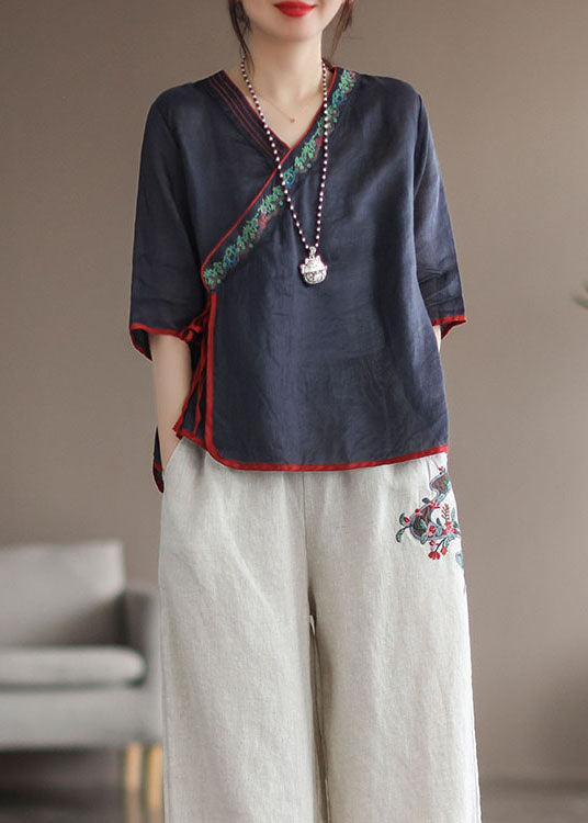 Unique Navy V Neck Embroideried Patchwork Linen Shirt Tops Summer