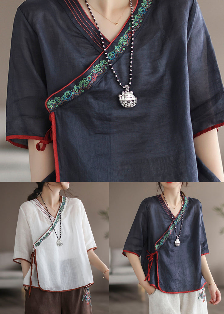 Unique Navy V Neck Embroideried Patchwork Linen Shirt Tops Summer