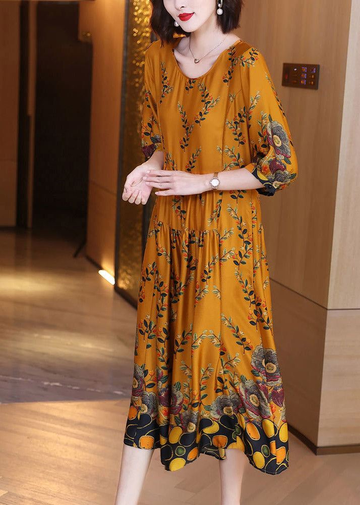 Unique O-Neck Print Wrinkled Silk Dresses Long Sleeve