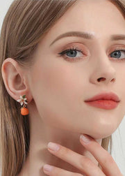 Unique Orange Gardenia Metal Drop Earrings