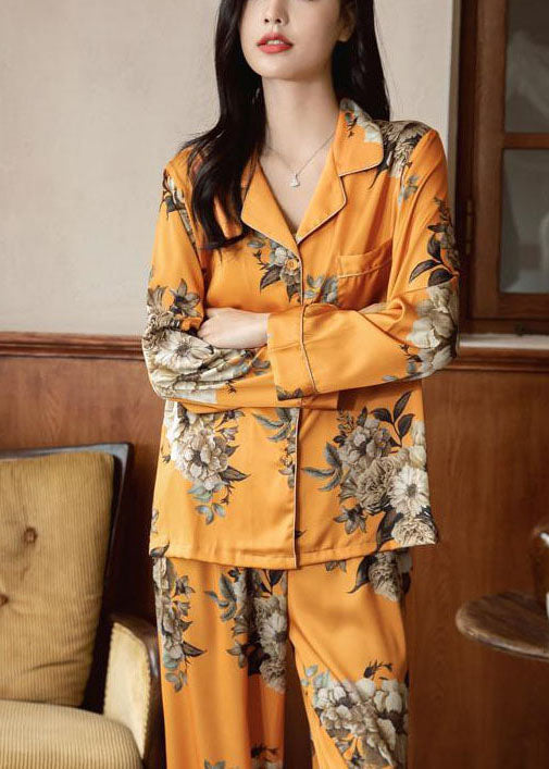 Unique Orange Oversized Floral Pocket Ice Silk Pajamas Two Pieces Set Spring