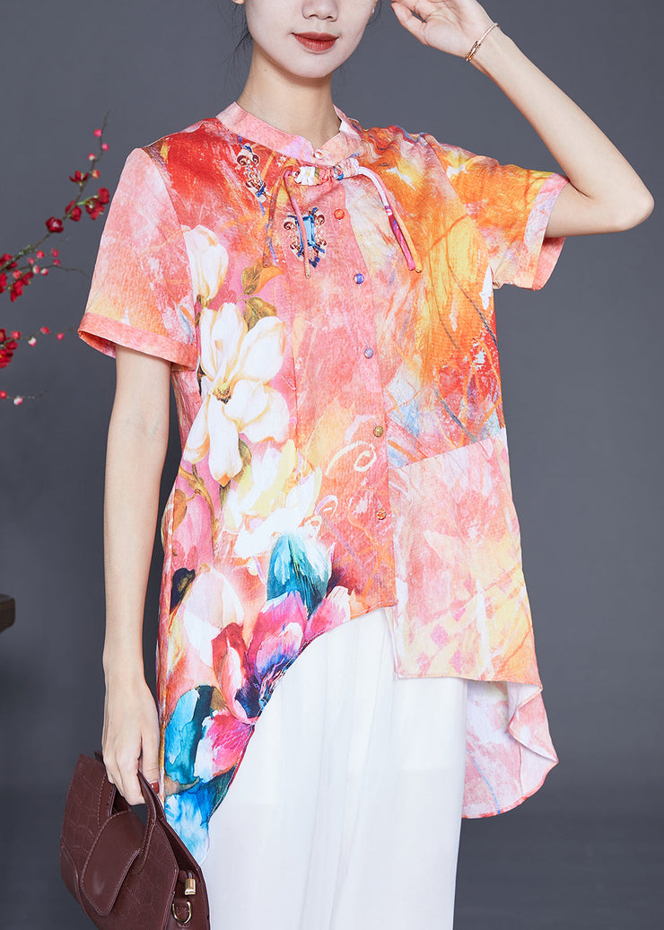 Unique Orange Print Low High Design Chiffon Shirt Summer