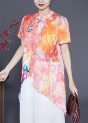 Unique Orange Print Low High Design Chiffon Shirt Summer