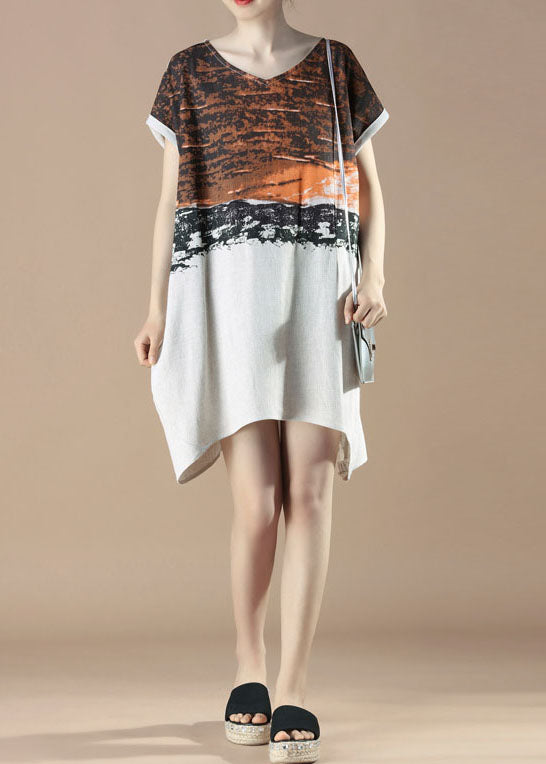 Unique Orange V Neck Print Patchwork Cotton Dress Summer