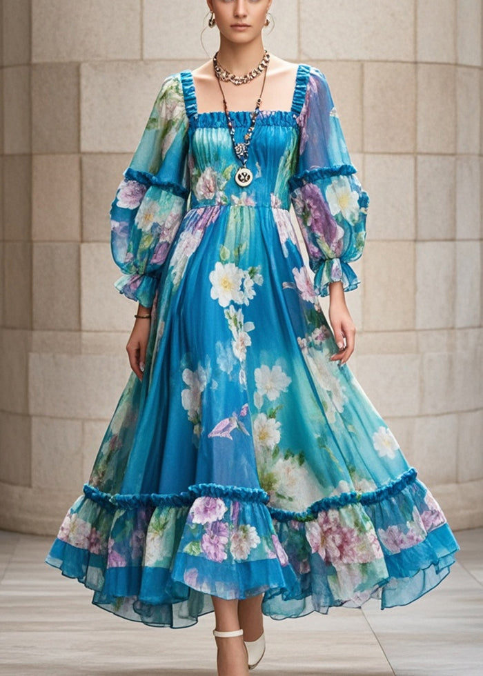 Unique Peacock Blue Ruffled Print Chiffon Holiday Dress Fall