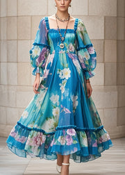 Unique Peacock Blue Ruffled Print Chiffon Holiday Dress Fall