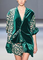 Unique Peacock Green Asymmetrical Patchwork Print Silk Velour Blouses Fall