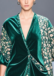 Unique Peacock Green Asymmetrical Patchwork Print Silk Velour Blouses Fall