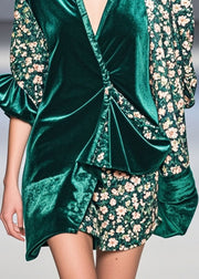 Unique Peacock Green Asymmetrical Patchwork Print Silk Velour Blouses Fall