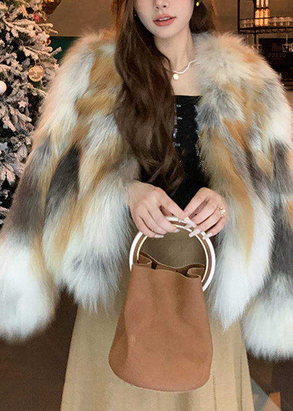 Unique Photo Color V Neck Print Leather And Fur Coats Winter