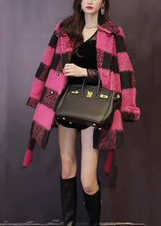 Unique Pink Button Tie Waist Patchwork Woolen Coats Fall