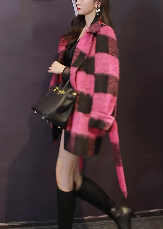 Unique Pink Button Tie Waist Patchwork Woolen Coats Fall