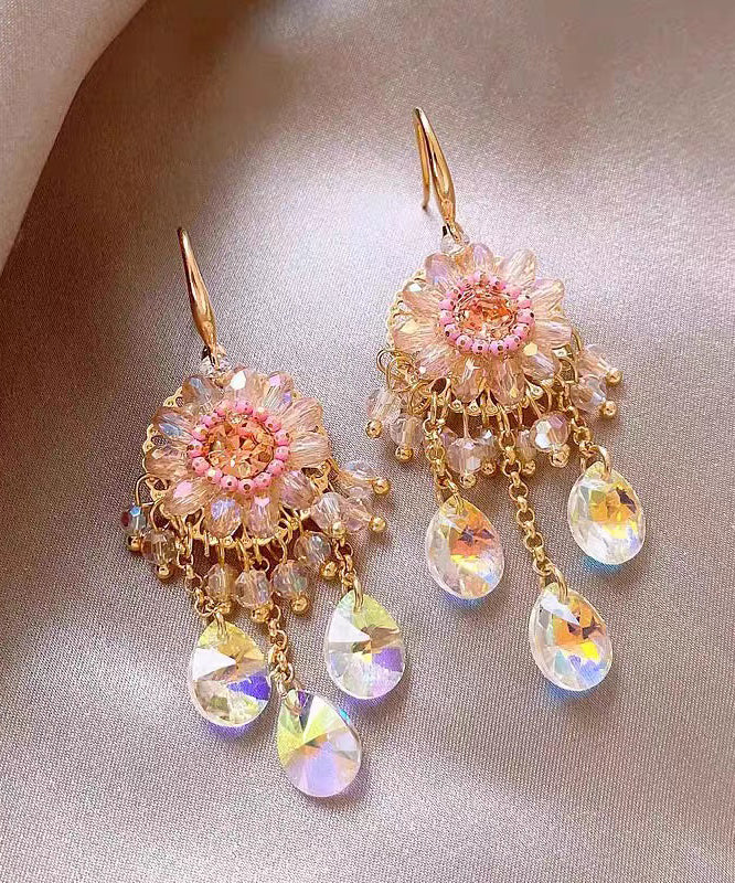 Unique Pink Copper Alloy Crystal Tassel Drop Earrings