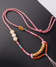 Unique Pink Copper Overgild Jade Beading Tassel Pendant Necklace