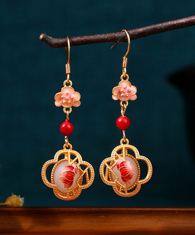 Unique Pink Copper Overgild Jade Enamel Lotus Floral Drop Earrings