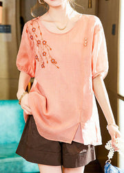 Unique Pink O-Neck Embroideried Patchwork Linen Blouses Summer