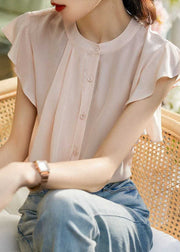 Unique Pink O Neck Patchwork Silk Top Butterfly Sleeves