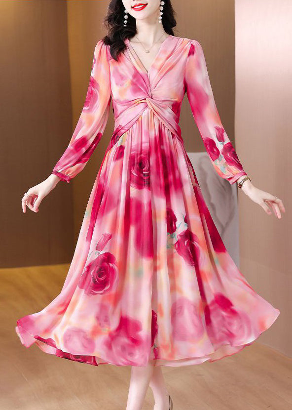 Unique Pink Print High Waist Chiffon Dress Spring