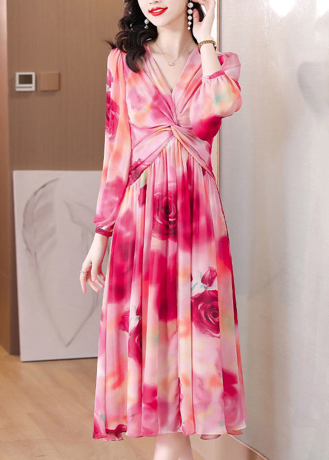 Unique Pink Print High Waist Chiffon Dress Spring