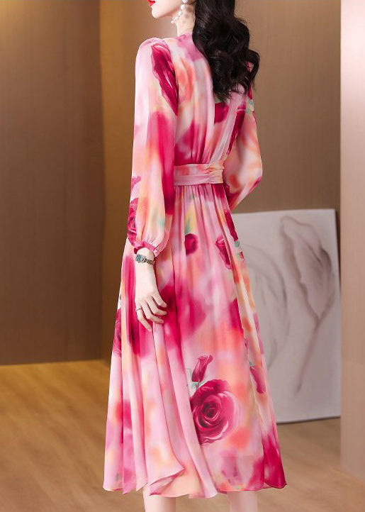 Unique Pink Print High Waist Chiffon Dress Spring