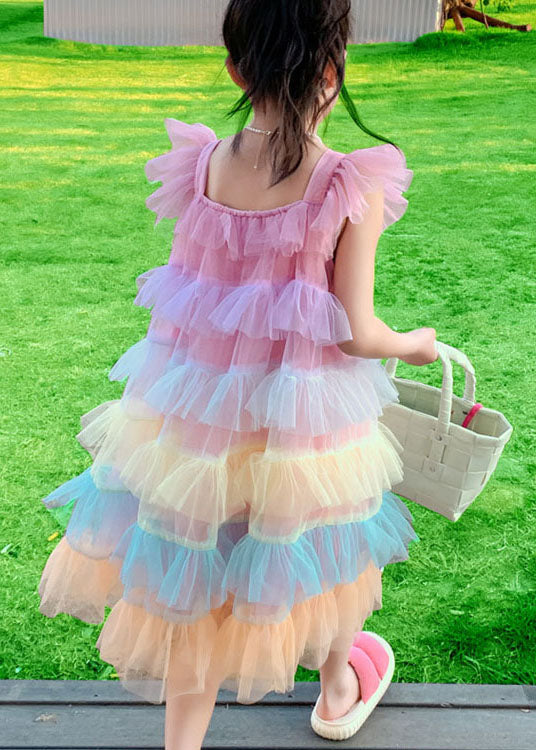 Unique Pink Ruffled Layered Patchwork Tulle Baby Girls Dress Sleeveless