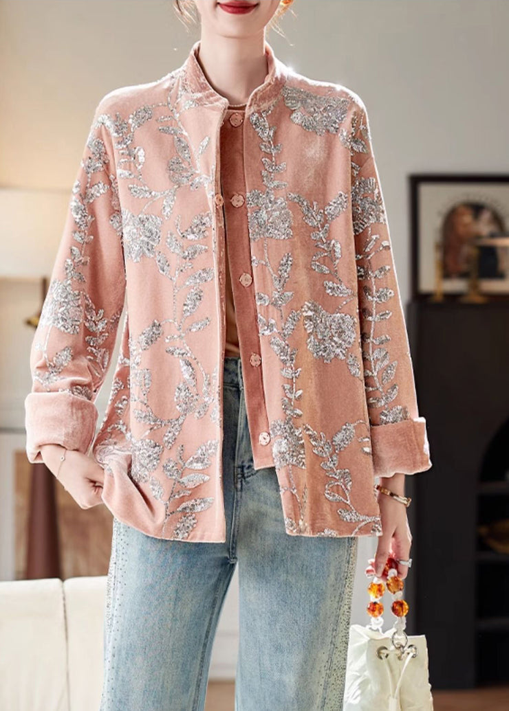 Unique Pink Sequins Button Silk Velvet Coats Long Sleeve