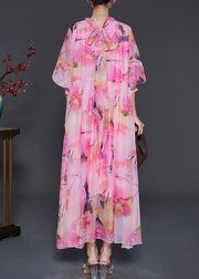 Unique Pink Turtle Neck Print Chiffon Dress Lantern Sleeve