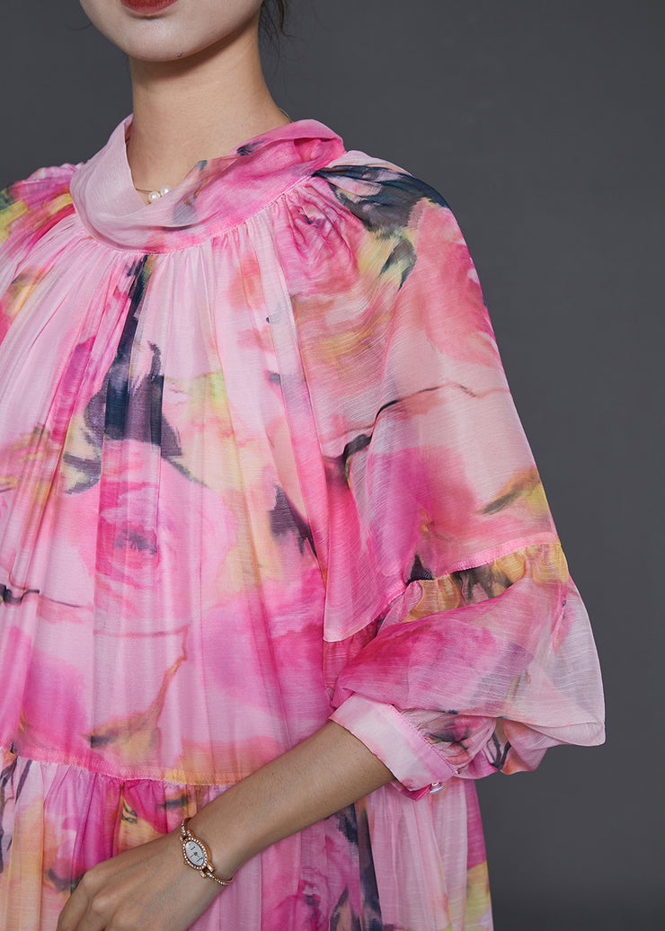 Unique Pink Turtle Neck Print Chiffon Dress Lantern Sleeve