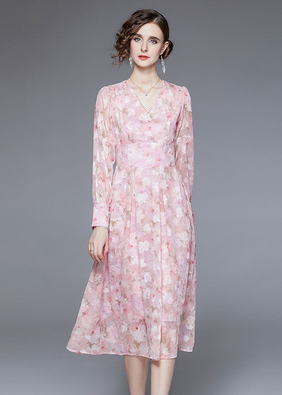 Unique Pink V Neck Backless Print Chiffon Cinch Dress Long Sleeve