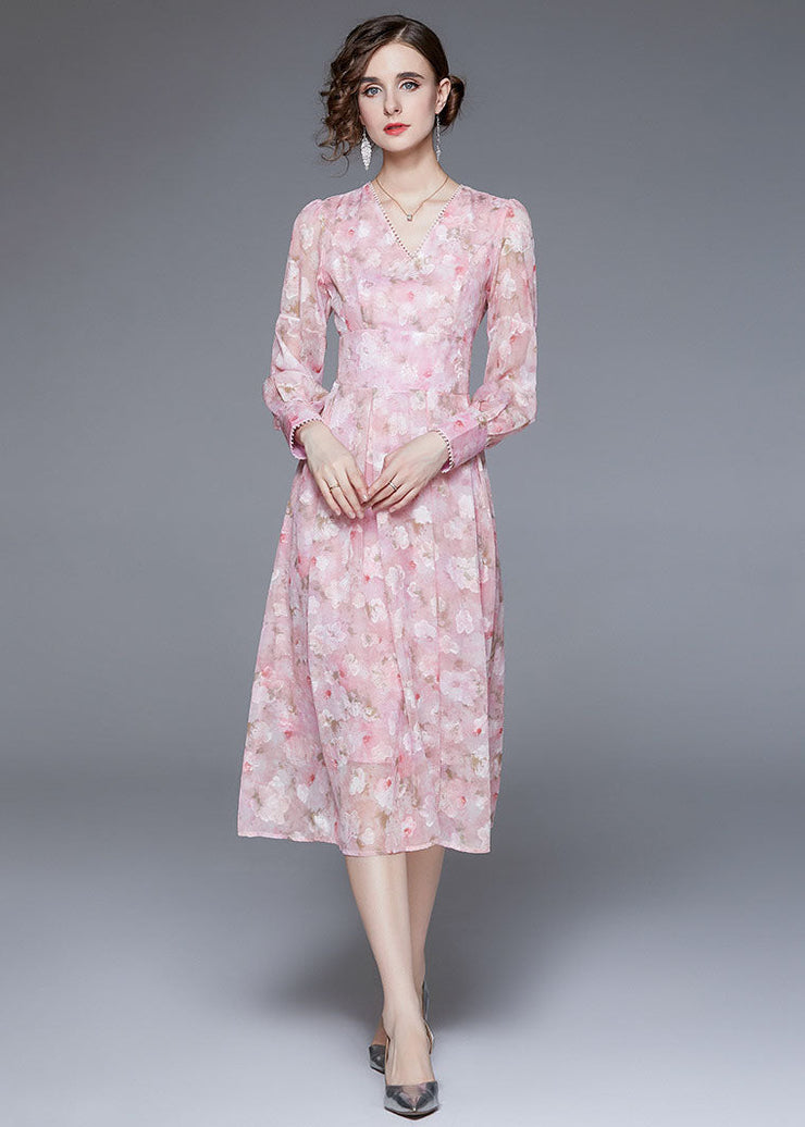 Unique Pink V Neck Backless Print Chiffon Cinch Dress Long Sleeve