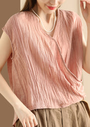 Unique Pink V Neck Wrinkled Cotton T Shirt Summer