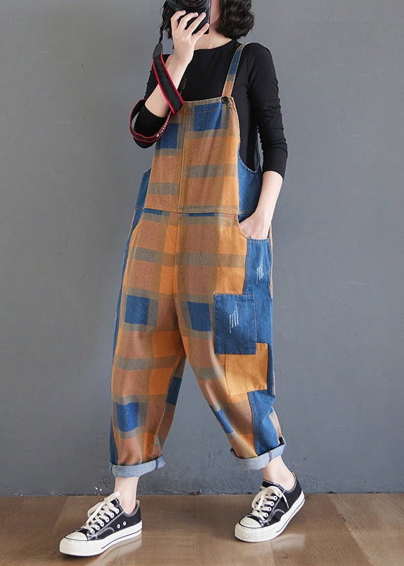 Unique Plaid Pockets High Waist Patchwork Cotton Jumpsuit Fall