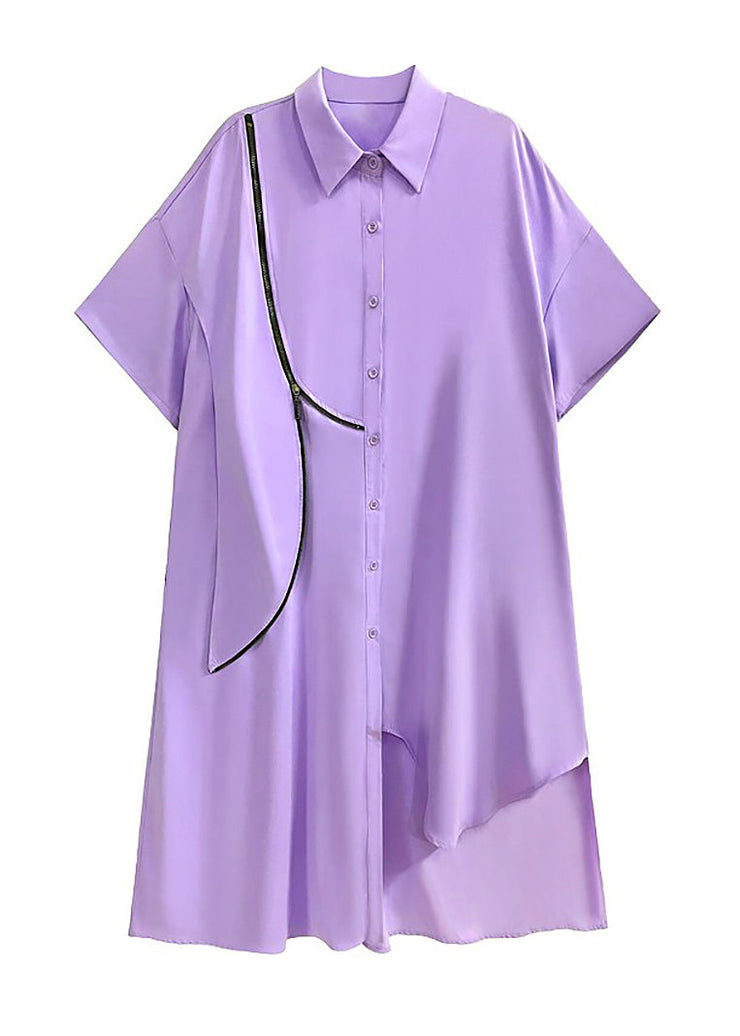 Unique Purple Asymmetrical Zippered Patchwork Chiffon Shirts Dresses Summer