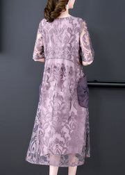 Unique Purple Embroideried Pockets Patchwork Silk Dresses Summer