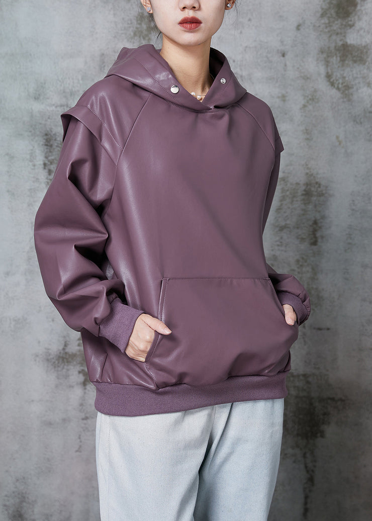 Unique Purple Hooded Faux Leather Sweatshirts Tops Winter