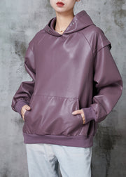 Unique Purple Hooded Faux Leather Sweatshirts Tops Winter