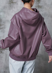 Unique Purple Hooded Faux Leather Sweatshirts Tops Winter