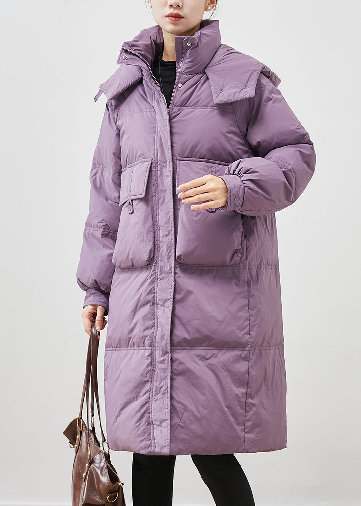 Unique Purple Hooded Pockets Duck Down Puffers Jackets Winter