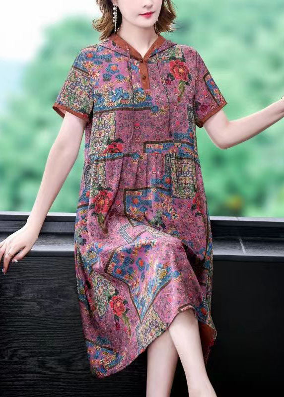 Unique Purple Hooded Print Wrinkled Patchwork Silk Dress Summer