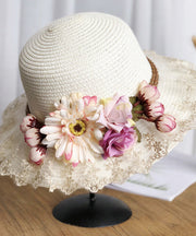 Unique Purple Lace Patchwork Straw Woven Floral Floppy Sun Hat