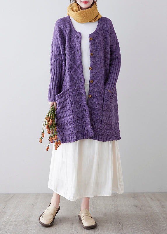 Unique Purple O-Neck Pockets Cozy Knit Cardigan Spring