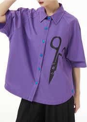 Unique Purple Peter Pan Collar Print Patchwork Cotton Shirt Short Sleeve