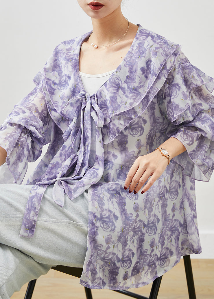 Unique Purple Rose Floral Ruffles Chiffon Shirt Top Spring