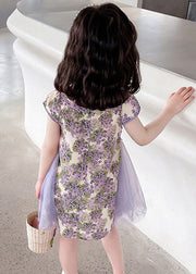 Unique Purple Stand Collar Print Girls Mid Dress Summer