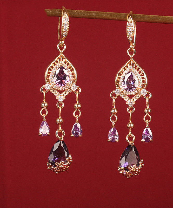 Unique Purple Sterling Silver Zircon Tassel Drop Earrings