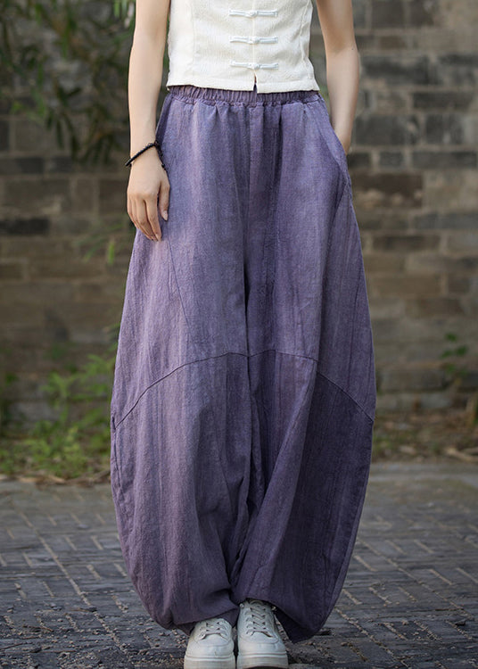 Unique Purple Tie Dye Pockets Linen Pants Summer